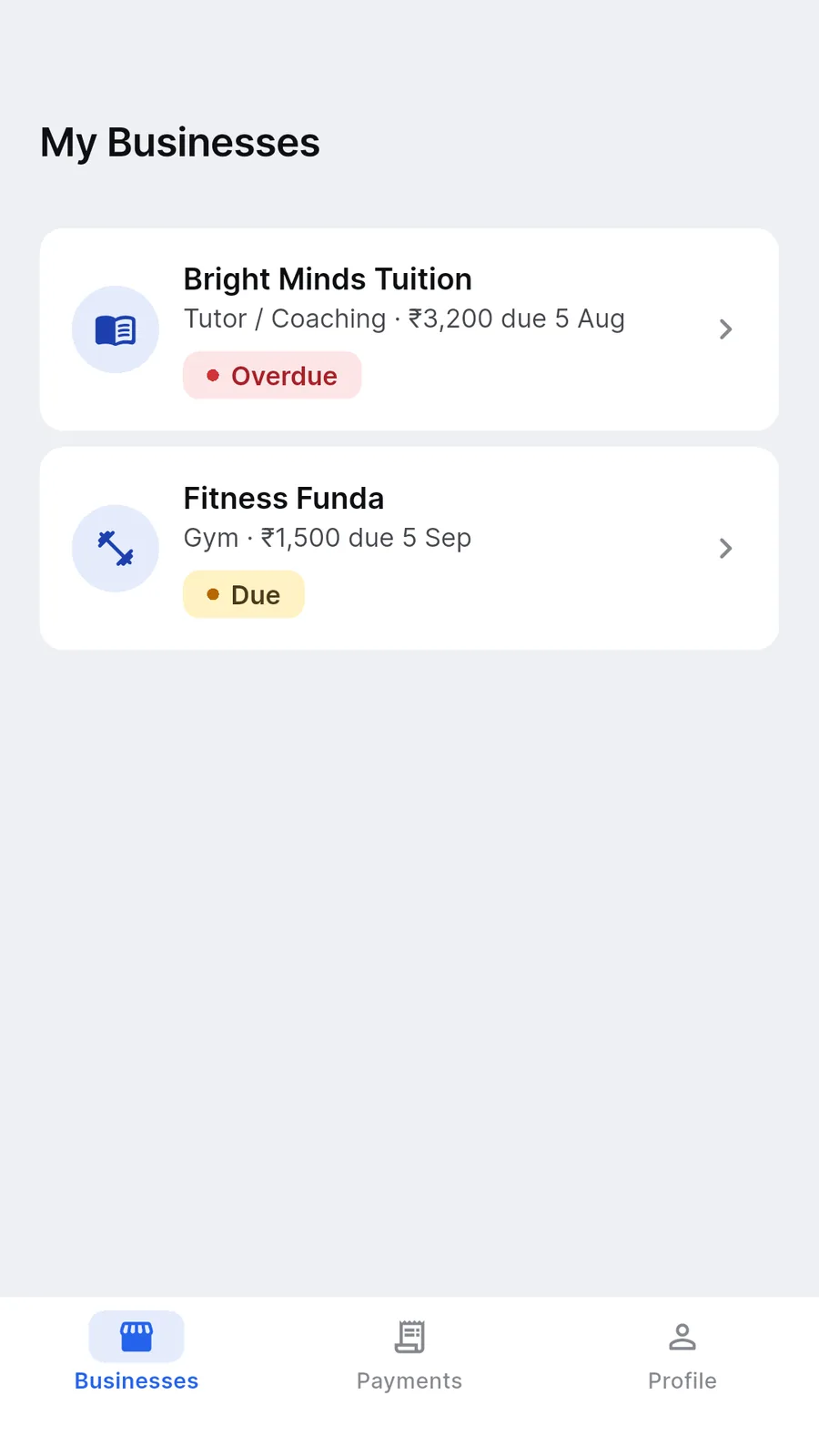The Scale customer app listing every business that has added you, with what you owe each one.