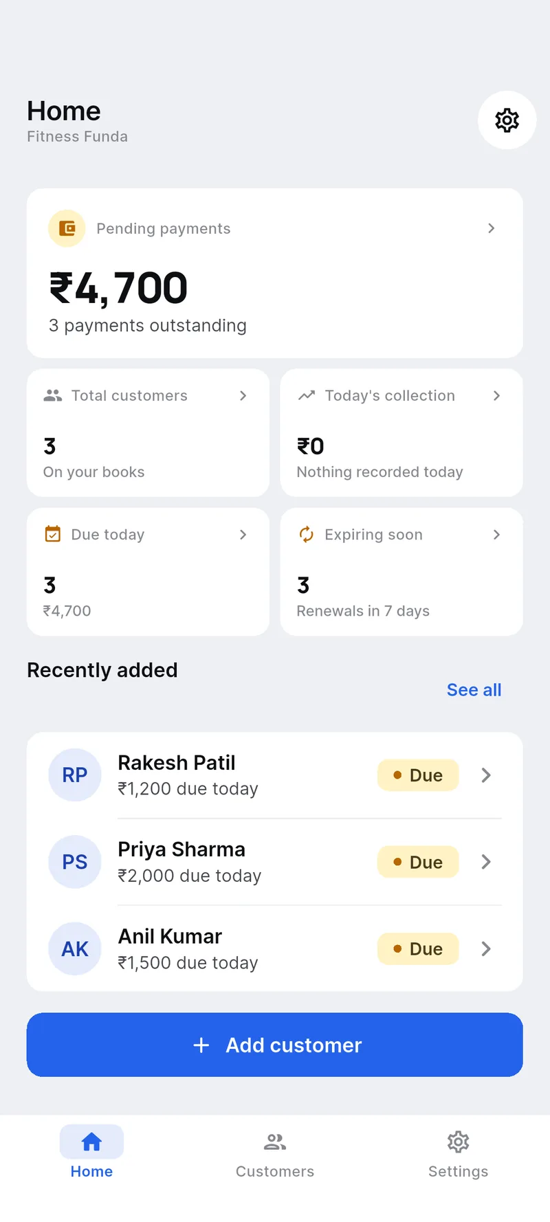 Scale Partner home screen: ₹4,700 pending across 3 outstanding payments, 3 customers on the books, today's collection, 3 due today and 3 renewals in 7 days.