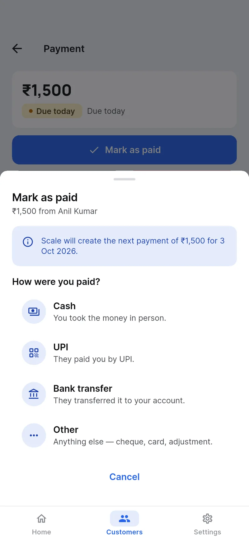 Scale Partner mark-as-paid sheet offering cash, UPI, card, bank transfer and cheque.